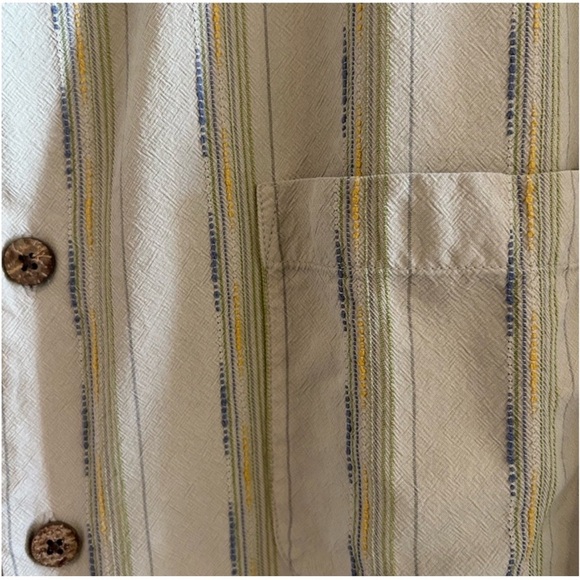 Tommy Bahama 100% silk khaki with blue and yellow stripes-short sleeve s… - Picture 5 of 6